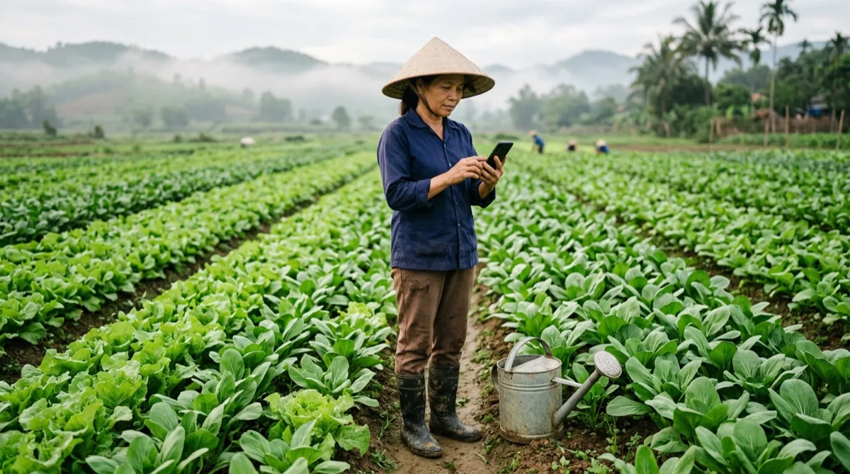 Người phụ nữ đội nón lá xem điện thoại giữa vùng trồng rau