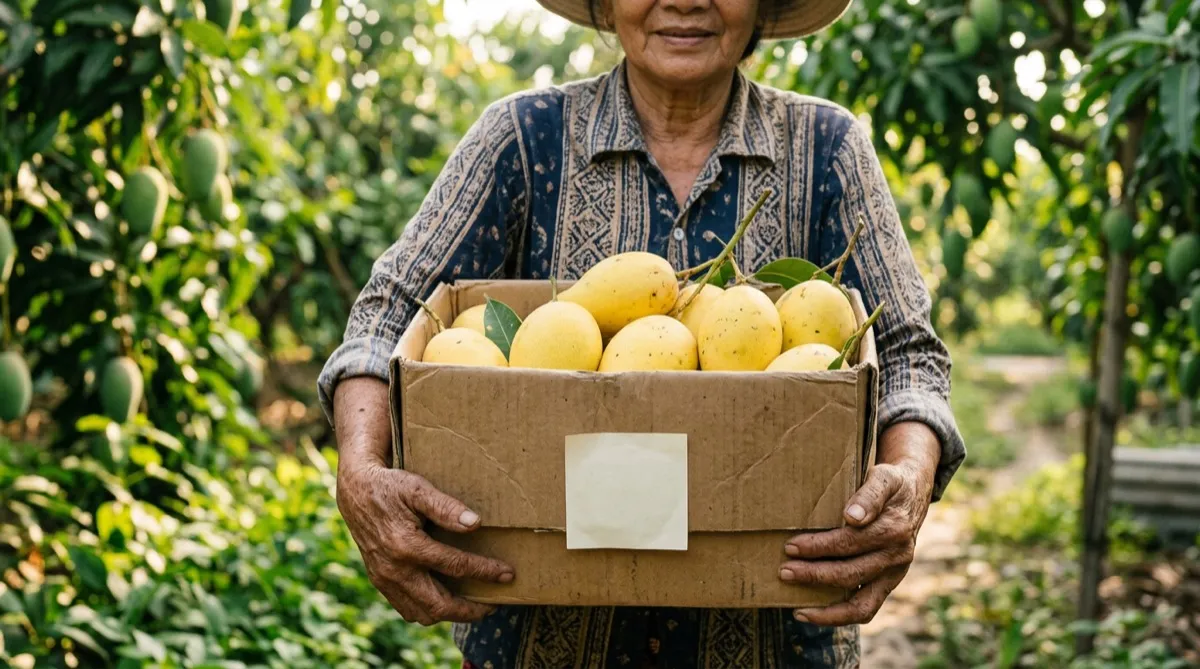Người nông dân bê thùng xoài vàng có dán tem trong vườn xoài
